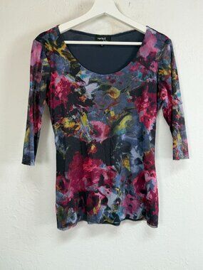 Vertex by Rina Womens Small Multicolor Floral Mesh Top 3/4 Sleeve Pullover Shirt